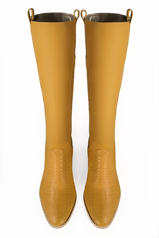 Mustard yellow women's riding knee-high boots. Round toe. Flat leather soles. Made to measure. Top view - Florence KOOIJMAN